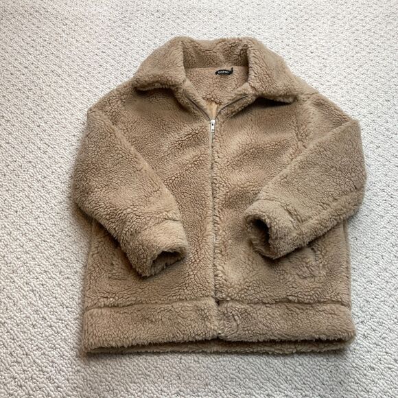 Boohoo Jackets & Blazers - Boohoo Coat Womens 4 Brown Sherpa Jacket Full Zip Pockets Lined Polyester Soft
